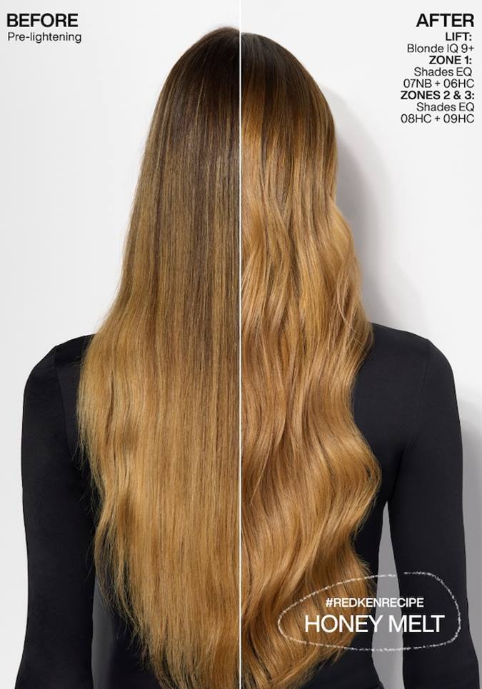 Transformation avant/après du gloss capillaire Redken Shades EQ Honey Copper